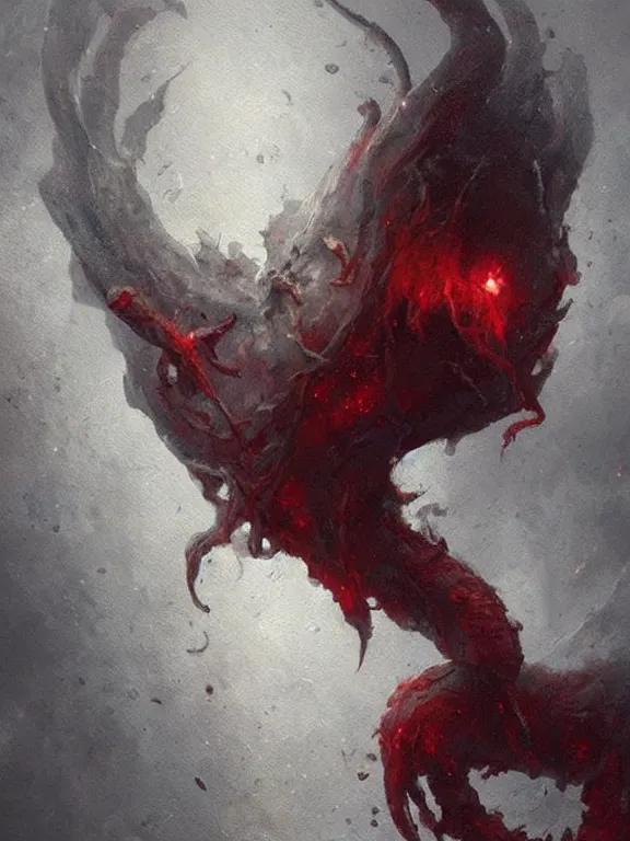 Prompt: painting by greg rutkowski a flying human head with tears running down it's face face that is chalk white in color, with long white!! tentacles!! stemming from it's neck, fiery scorching red eyes, flying in a terrying hellish dark cavernous place