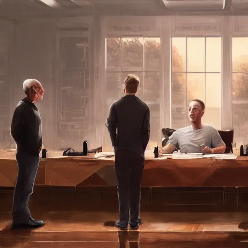 Prompt: portrait of elon musk, mark zuckerberg, jeff bezos, in meeting together, same table, very detailed, art contest winner on behance, trendy on deviant art, by by artgem, greg rutkowski, makoto shinkai