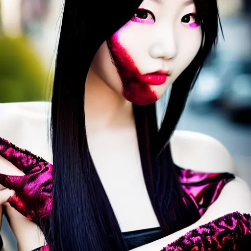 Prompt: a beautiful portrait photo of a very beautiful young Chinese female model wearing cybergothic clothing, bright coloured streaks of hair, cute smile, beautiful detailed eyes, golden hour in Manhattan, outdoors, professional award winning portrait photography, Zeiss 150mm f/2.8 Hasselblad