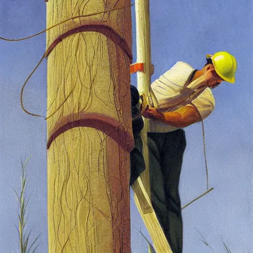 Prompt: A lineman working on a utility pole with a wasp nest on the pole painting, commercial illustration, Chris Van Allsburg