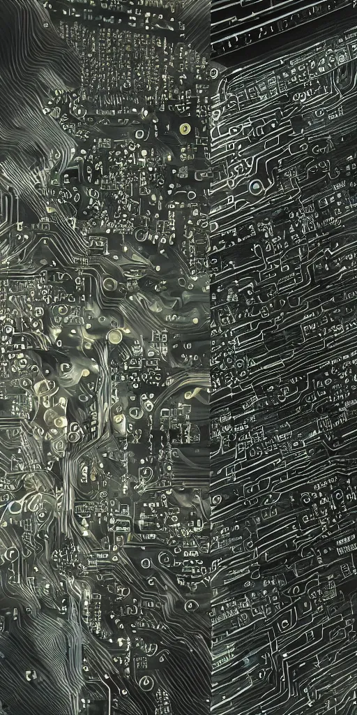 Image similar to densely detailed black and copper computer circuits, transistors, led, wire, macro photography, translucent pastel panels, smooth stylised shapes, embedded in clear epoxy, macro, overlaping layers, hyperrealistic vfx render