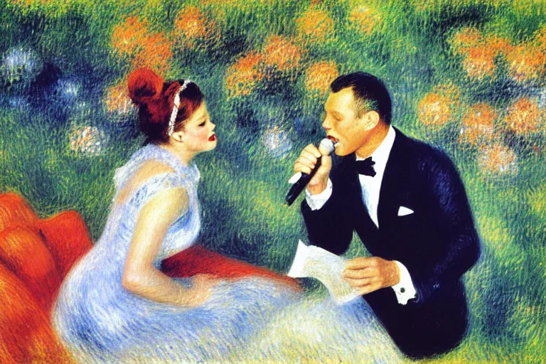 Image similar to frank sinatra and peggy lee singing at the hollywood bowl, by renoir and margaret keene and monet,