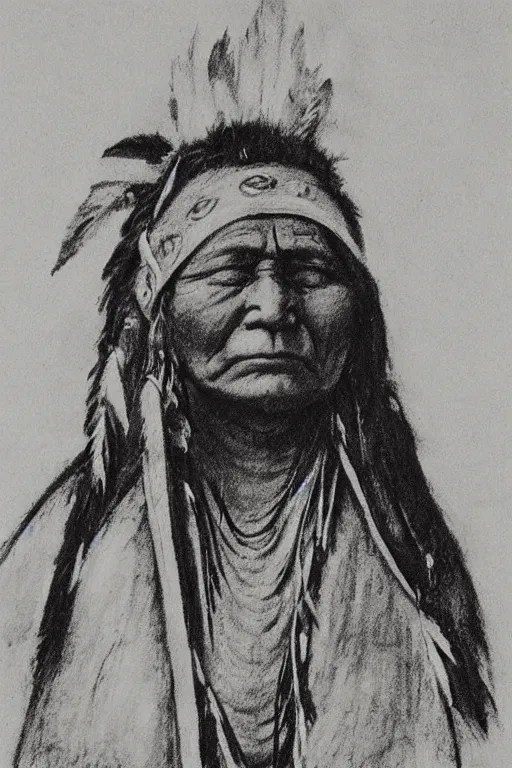 Prompt: “Charcoal sketch of a Native American indian woman, portrait, Nanye-hi Beloved Woman of the Cherokee, wearing a papoose showing pain and sadness on her face, ancient”