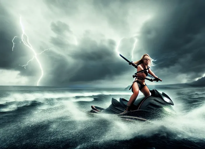 Prompt: dramatic photo of viking women with weapons riding on jet skis, wearing skin - tight futuristic valkerie bikinis, rough seas in background, lightning storms, water world, mad max, hyper - realistic, highly detailed, accurate, 8 k octane render, 2 8 mm, wide angle, rule of thirds