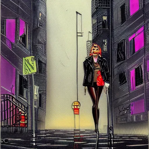 Image similar to girl in leather jacket walking down rainy city street at night, surreal, artwork by Ralph Bakshi