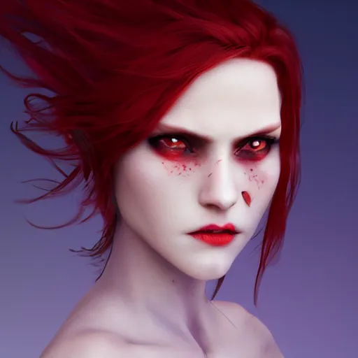 Prompt: redhead vampire sorceress, perfect face viewed in profile, bright glowing purple and red eyes, gold shirt, cinematic, floating ash, stunning, highly detailed, artstation, smooth, hard focus, concept art, art by artgerm and greg rutkowski and alphonse mucha, volumetric lighting, octane render, 4 k resolution, trending on artstation, masterpiece