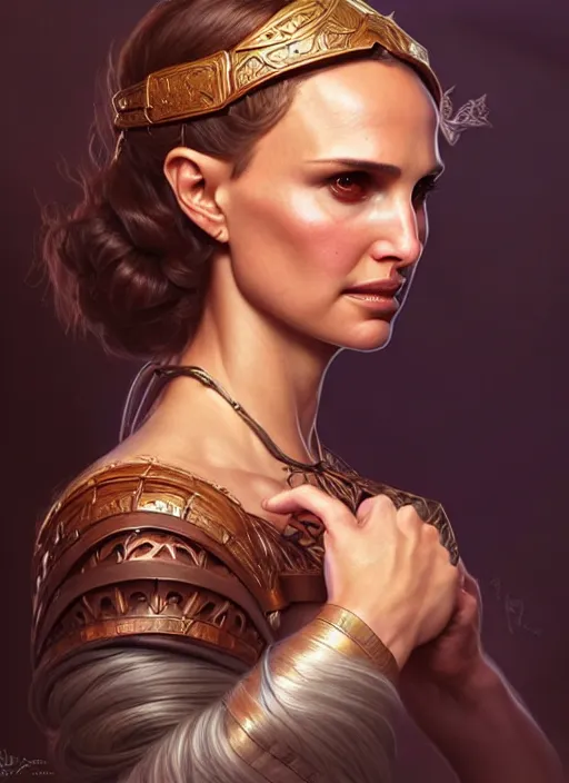 Prompt: portrait of he - woman, d & d, natalie portman! fantasy, intricate, elegant, highly detailed, digital painting, artstation, concept art, smooth, sharp focus, illustration, art by artgerm and greg rutkowski and alphonse mucha