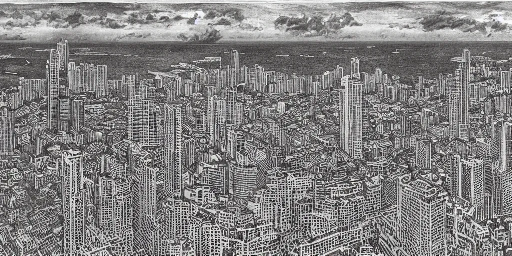 Prompt: panama city skyline by mc escher and van gohh