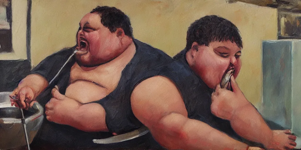 Prompt: A very detailed oil painting of an one extremly fat man eating garbage