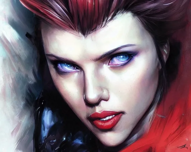 Image similar to portrait of scarlett johansson as street fighter character, detailed face, dark fantasy art, fantasy, pretty, hd shot, digital portrait, beautiful, artstation, comic style, by artgerm, guy denning, jakub rozalski, magali villeneuve, neoartcore and charlie bowater