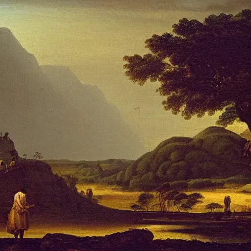 Image similar to the african velt, highly detailed landscape painting by claude lorrain, misty ominous atmosphere