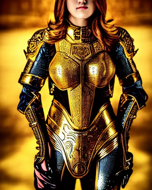 Image similar to comic book style portrait of woman in shining golden armor, high production value, intricate details, high resolution, hdr, high definition, masterpiece, realistic, ultrarealistic, highly detailed, hd, sharp focus, non blurry, sharp, smooth