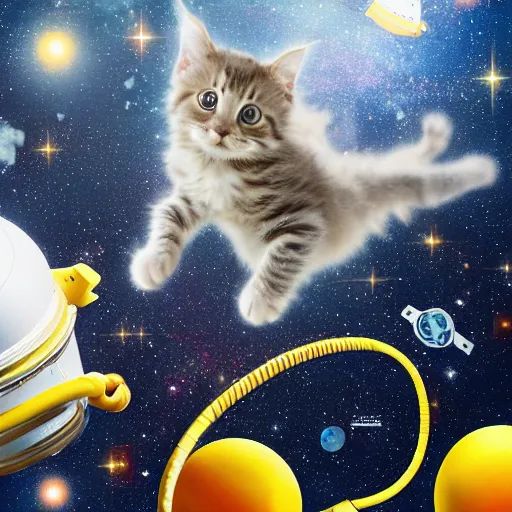 Prompt: Next to the James Webb Telescope in outer space, an action sequence of an astronaut ((cream colored Maine Coon kitten)) space walk, an unopened bag of kitty litter floats nearby, in the background friendly cute cute cute alien spacecraft, highly realistic, 4K, 8K, road trip