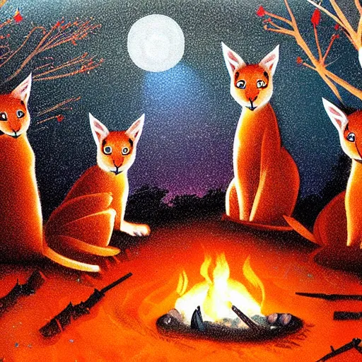 Image similar to group of cute caracals wearing red ties near campfire, one caracal playing a guitar, night, atmospheric lighting, painted, intricate, volumetric lighting, beautiful, rich deep colours masterpiece, golden hour, digital art