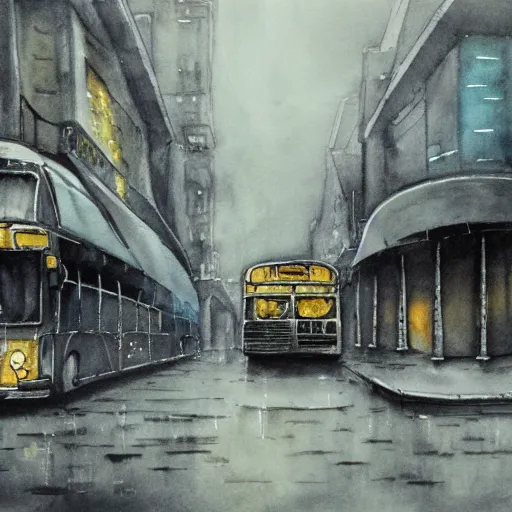 Image similar to dark city bus stop, ghibli style in wet on wet watercolor, very detailed,ArtStation