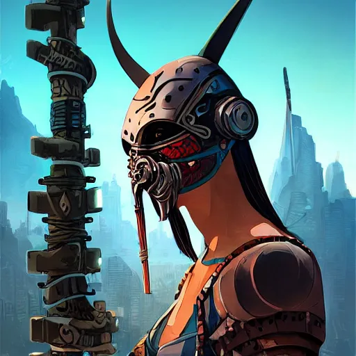 Image similar to cyberpunk viking helmet mask warrior goddess robot ninja fantasy, art gta 5 cover, official fanart behance hd artstation by jesper ejsing, by rhads, makoto shinkai and lois van baarle, ilya kuvshinov, ossdraws