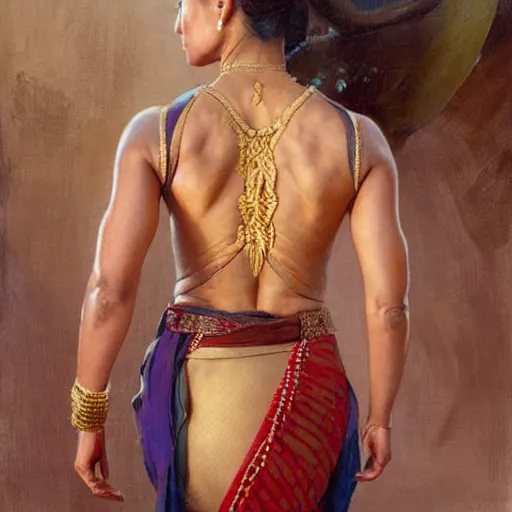 Prompt: a fit and muscular nepali woman from behind wearing sari. highly detailed painting by gaston bussiere, craig mullins, j. c. leyendecker 8 k