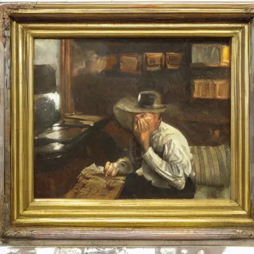 Image similar to an angry man yells at his computer monitor, oil on canvas, 1 8 8 3, highly detailed