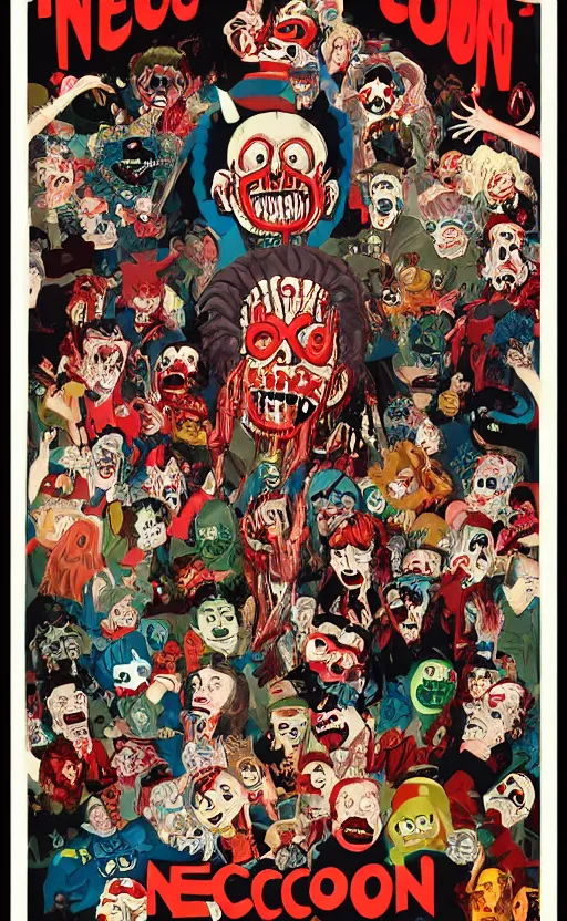 Image similar to cursed with necronomicon horrorcore cel animation poster depicting gory waldo eating the deceased power puff girls, intricate faces, metropolis, 1 9 5 0 s movie poster, post - processing, vector art