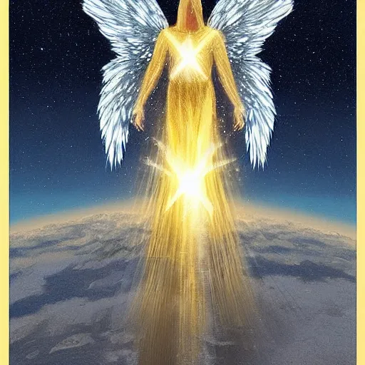 Prompt: a angel of light protecting planet earth drawn by boris valejo