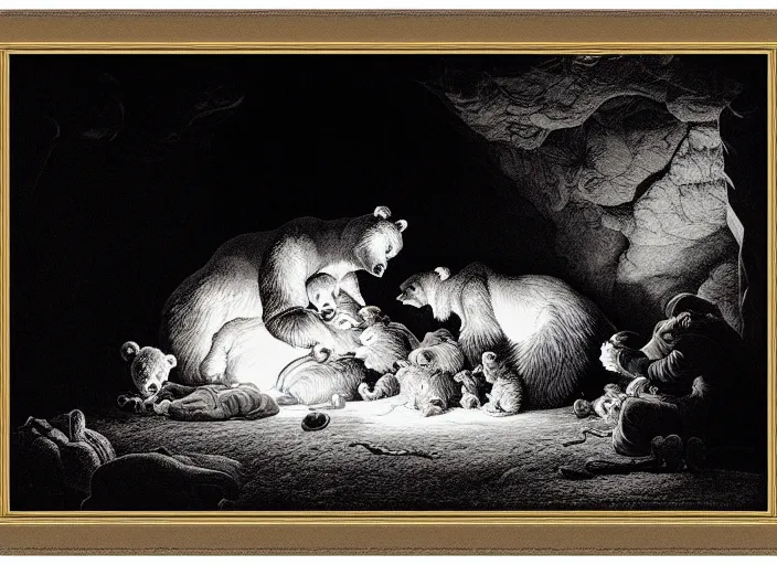 Image similar to Pieter Claesz's 'bear and her cubs sleeping in a dark cave', night time, cross hatching, framed