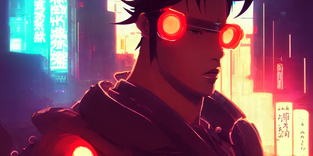 Image similar to digital illustration closeup portrait of cyberpunk samurai in city street at night by makoto shinkai, ilya kuvshinov, lois van baarle, rossdraws, basquiat | afrofuturism, in the style of hearthstone, trending on artstation | cool color scheme