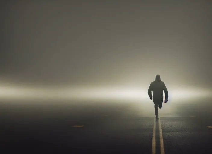 Image similar to a man runs away from the light, fog, rain, volumetric lighting, beautiful, mystique, golden hour, sharp focus, ultra detailed, concept art, jan urschel, dylan cole, noir art house, 4 k, 3 5 mm, fujifilm