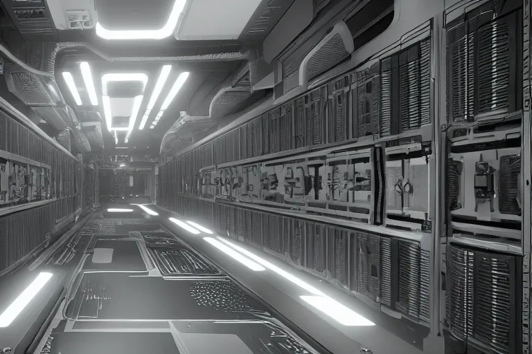 Image similar to parallax datacenter server room interior single mono colossus white rusty android guest robosaurus tusk artstation cinematic detailed concept art sharp coherent cgsociety symmetric perfect well balanced shadows lotr supercomputer starwars