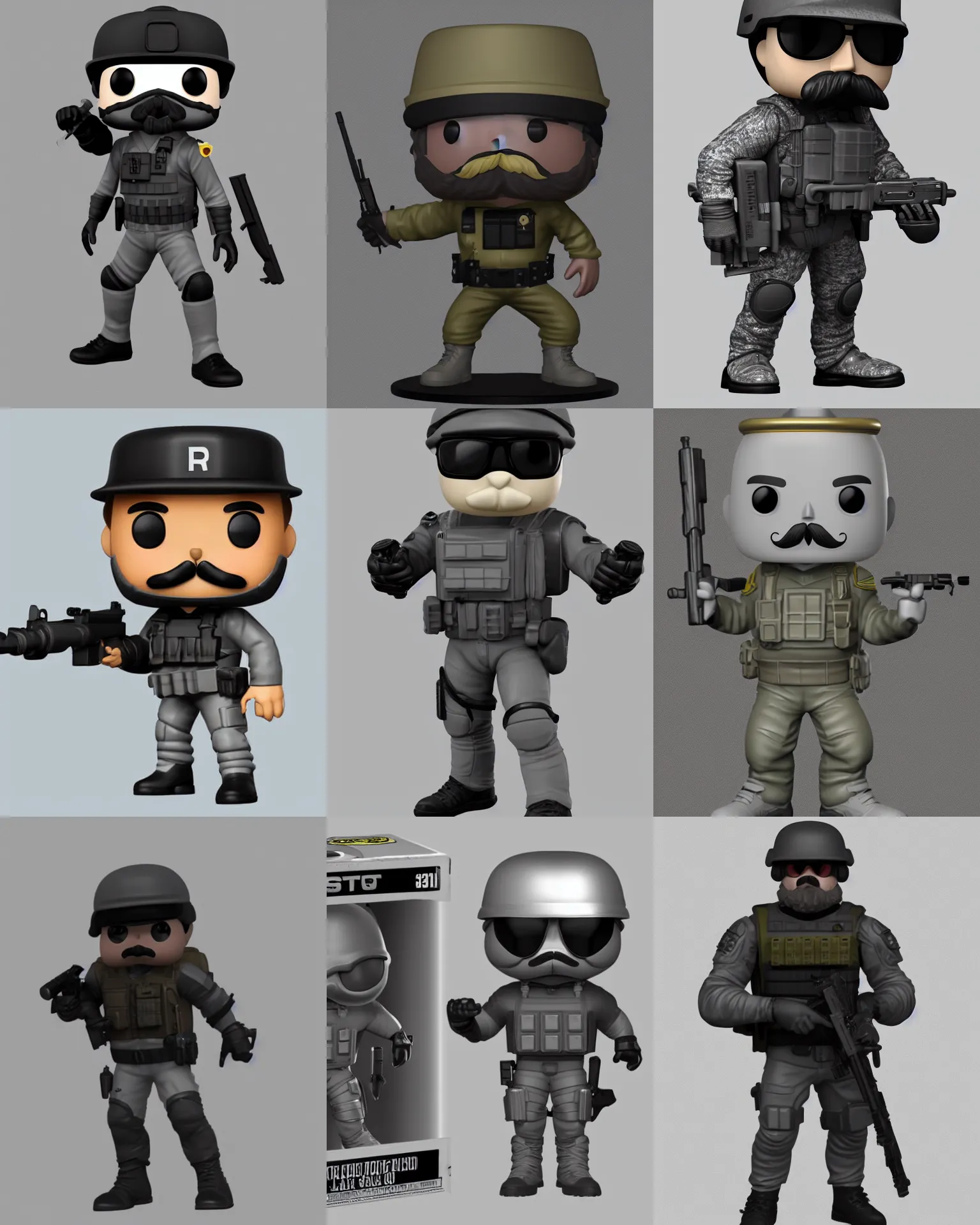 Prompt: full body 3 d render of swat man with mustache as a funko pop!, studio lighting, grey background, single body, no shadow, blender, trending on artstation, 8 k, highly detailed