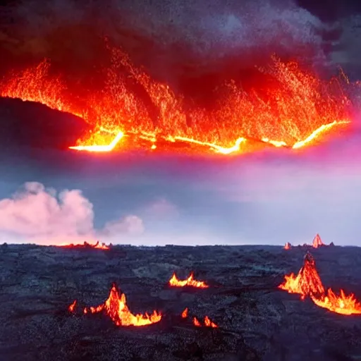 Image similar to movie still of an epic battle, lava in the background, highly-detailed, establishing shot