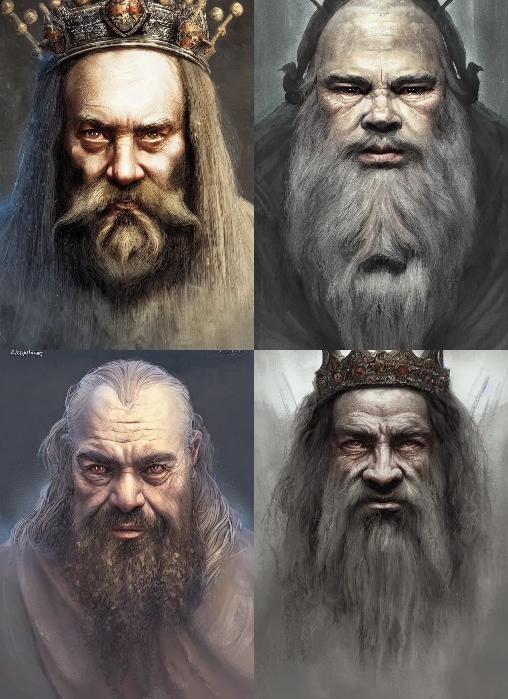 Prompt: portrait of a gentle and wise dwarf king with a crown with long hairs in alan lee and marc simonetti and emil melmoth style , cinematic lighting