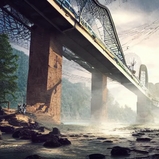 Prompt: a gigantic bridge over a pit filled with creatures, artistic render, ultrarealistic, 8 k.