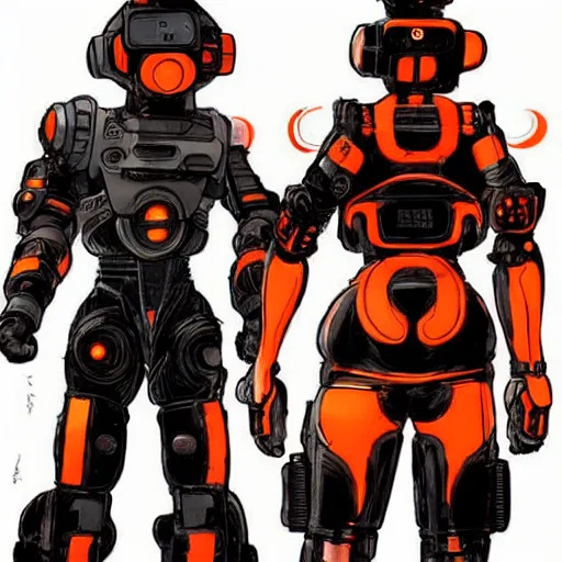 Image similar to cyberpunk athlete dude with robotic feet. orange and black color scheme. concept art by james gurney and mœbius. apex legends character art