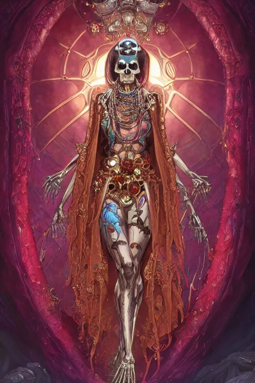 Image similar to woman lich skeleton made of iridescent aether and shiny gems covered with blood, long red hair, golden necklace, ultra realistic, concept art, intricate details, highly detailed, photorealistic, octane render, 8 k, unreal engine. dnd art by artgerm and greg rutkowski and alphonse mucha