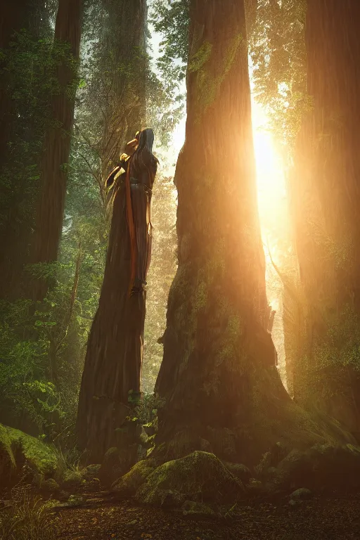 Image similar to The Green Knight standing in a redwood forest near a river at sunset, anatomically correct, hyperrealistic, nature aesthetic, concept art, octane render, unreal engine 5, trending on Artstation, high quality, 8K, highly detailed, symmetrical, five fingers, path tracing, soft lighting
