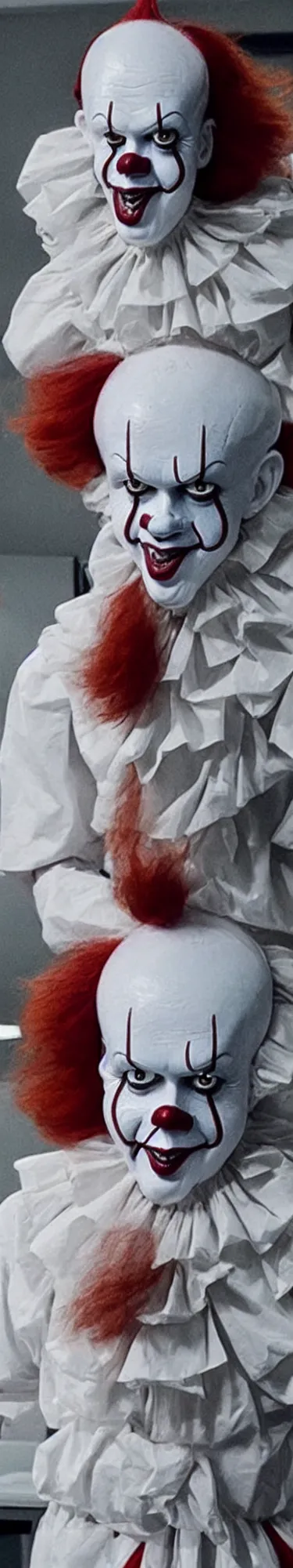 Image similar to a photograph of pennywise dressed as a doctor at a hospital, full shot