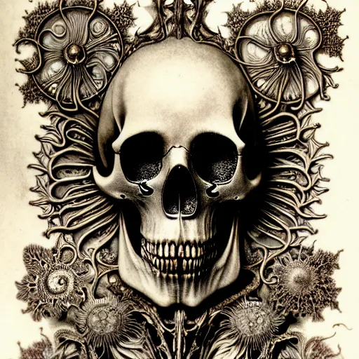 Image similar to art forms of nature by ernst haeckel, memento mori by arthur rackham, ornate antique porcelain beautiful skull mask, ultrasharp, photorealistic, hyperdetailed, octane render, polished, art nouveau, neo - gothic, gothic, intricate ornamental organic filigree, art nouveau botanicals, art forms of nature by ernst haeckel, horizontal symmetry, symbolist, visionary