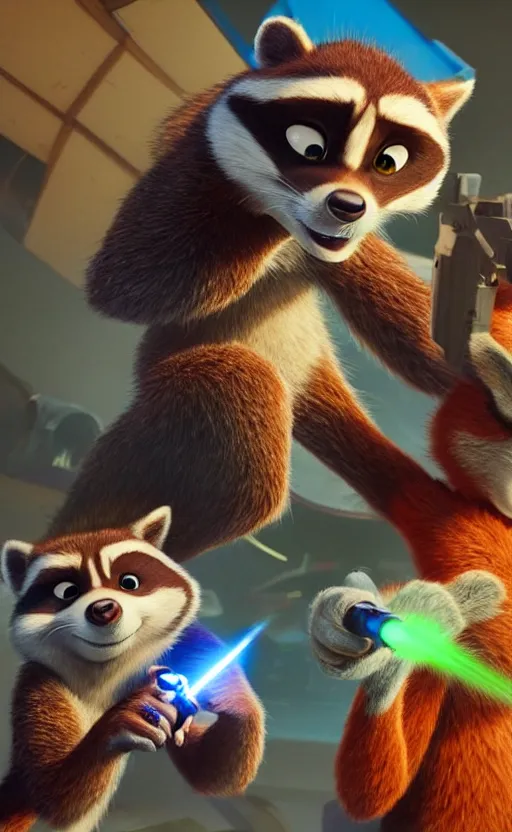 Image similar to “red racoon holding laser gun standing face to face off with blue racoon holding laser gun, cinematic, dramatic in the style of zootopia”