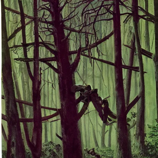 Prompt: wide shot, a squad of executed American Soldiers hanged mid-air on trees, deep in the thick forest, painting, colored, eerie, Lovecraftian, eldritch horror, 1967