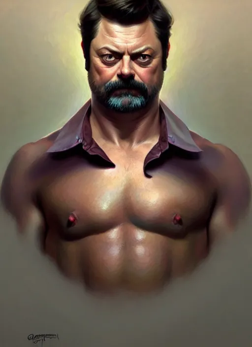 Image similar to portrait of nick offerman, intricate, elegant, muscular! highly detailed, digital painting, artstation, concept art, smooth, sharp focus, illustration, art by artgerm and greg rutkowski and alphonse mucha