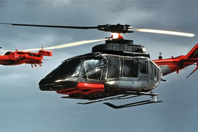 Image similar to Airwolf flying above Knight Rider, helicopter above sports car, action TV show, cinematic lighting, 1980s television show