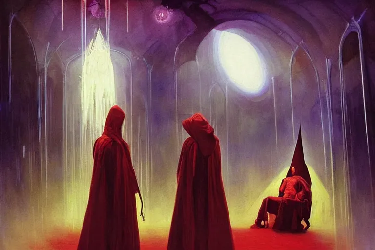 Image similar to ((A beautiful masterpiece painting) (of (a technomancer wizard (in robes (with pointed hood))) (discussing sentience with (his synthesized Al djinn) (in his laboratory (near a computer))) (by (Remedios Varo) and (Anato Finnstark) and (Greg Rutkowski)) (dayglo pink, dayglo blue, dazzle camouflage) (8k, trending on ArtStation)