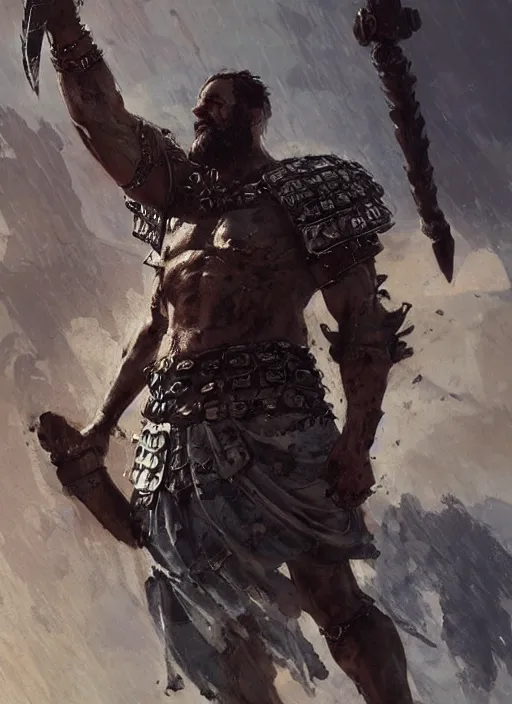 Image similar to ancient historically accurate depiction of the Bible Character Goliath of Gath, the Philistine warrior giant in ancient persian chainmail armor, dramatic lighting art by Yoji Shinkawa by Richard Schmid by greg rutkowski by Sandra Chevrier by Jeremy Lipking cinematic dramatic