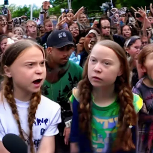 Prompt: greta thunberg hip hop rap battle video still,