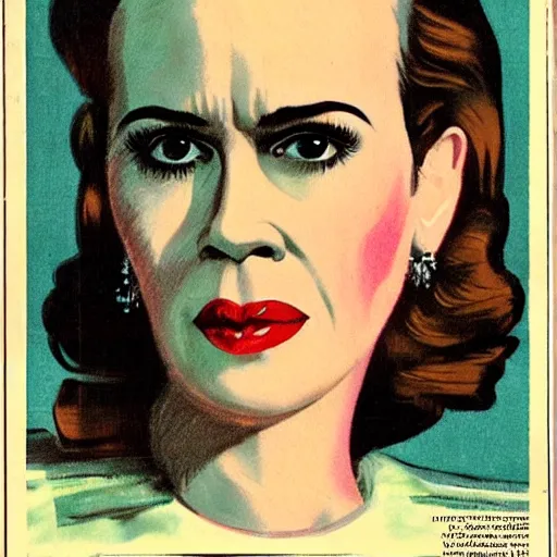 Image similar to “Sarah Paulson portrait, color vintage magazine illustration 1950”