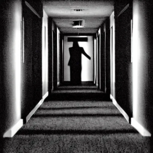 Image similar to a creepy office hallway. a figure at the end of a hallway. craiglist photo. 2 0 0 4