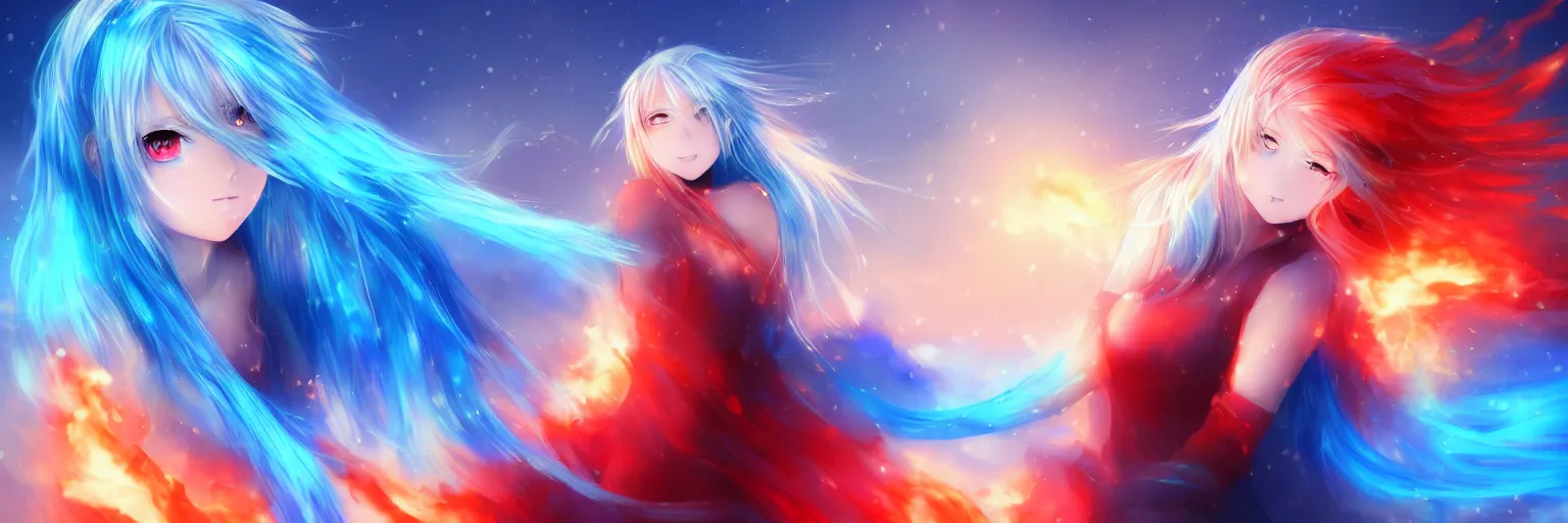 Prompt: advanced digital anime art, a very cute gorgeous teenage girl with a body made of fire and ice , full body, very long snow colored hair, sky blue highlights in hair, red fiery watery eyes, dress made of water, full round face, dramatic cinematic lighting, wideshot, highly intricately detailed, trending on pixiv, Artstation,