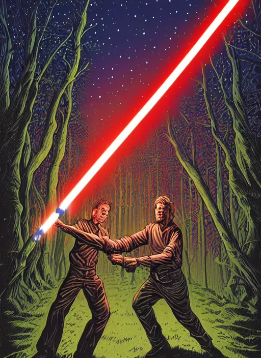 Image similar to lightsaber duel in a forest at night by Dan Mumford