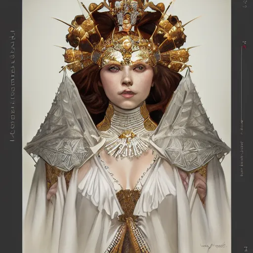 Prompt: a realistic symmetrical queen with a decorated dress made of white pearls , highly detailed, digital painting, Trending on artstation , HD quality, by artgerm and greg rutkowski and alphonse mucha, dramatic light, octane