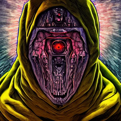 Prompt: a detailed digital art of a frightening ghost wearing cybergrunge gopnik clothing in the style of stephen gammall and kubrick, william blake, rembrandt, raphael, giger artstation, ornate, award - winning art, 8 k, vivid color scheme, tilt shift focus, wide angle shot,